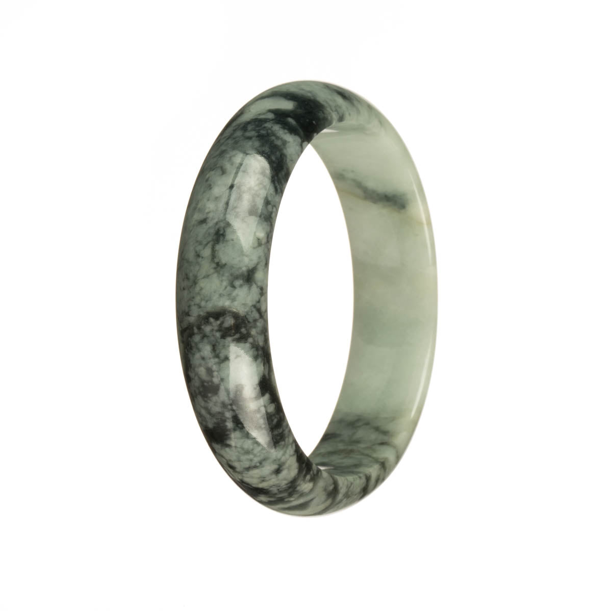 A close-up image of a pale green jade bangle bracelet with a dark green pattern. The bracelet has a half-moon shape and is 54mm in size. The jade is certified Grade A quality.