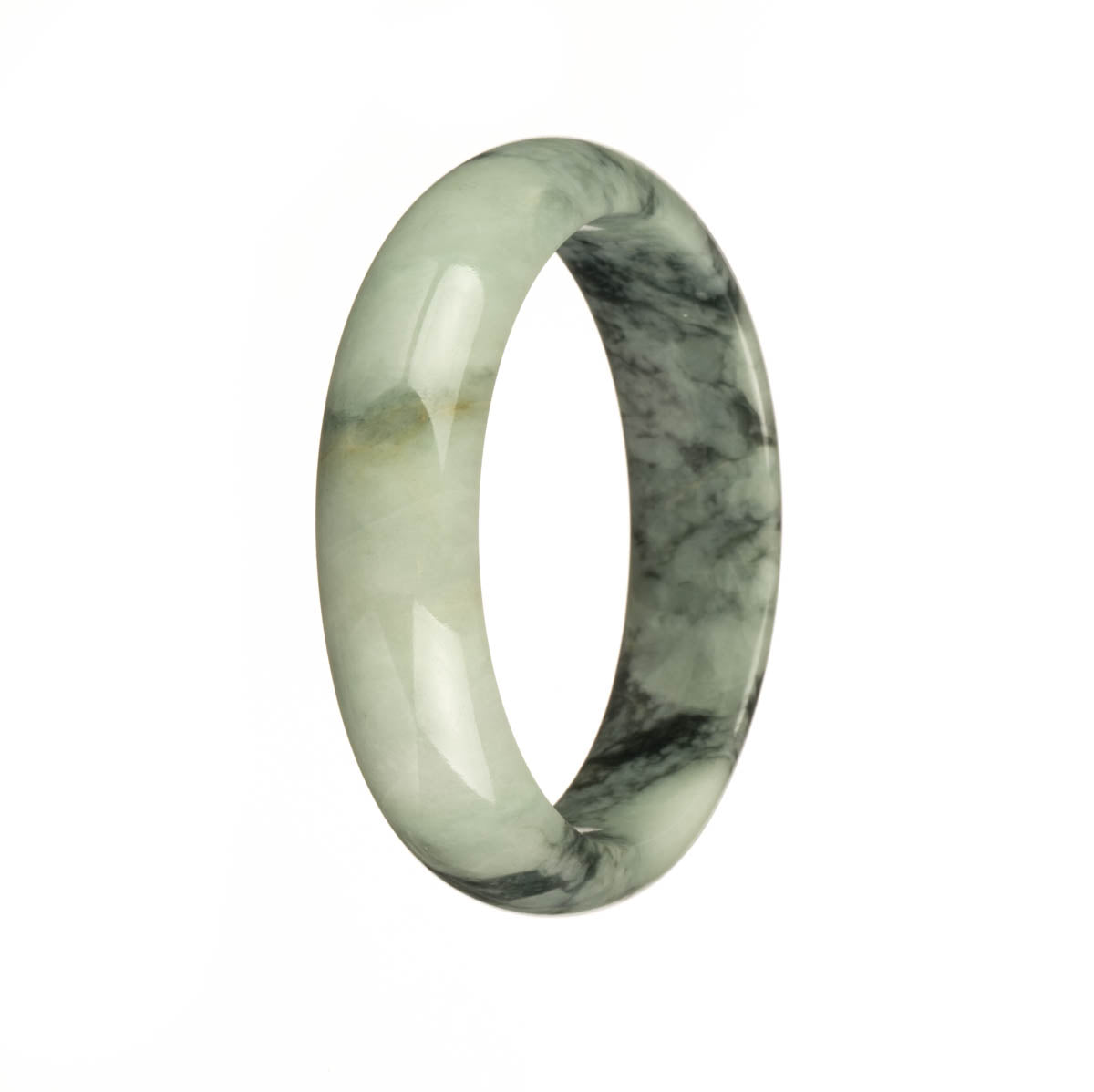 A close-up image of a pale green jadeite bangle bracelet with a dark green pattern, shaped like a half moon.