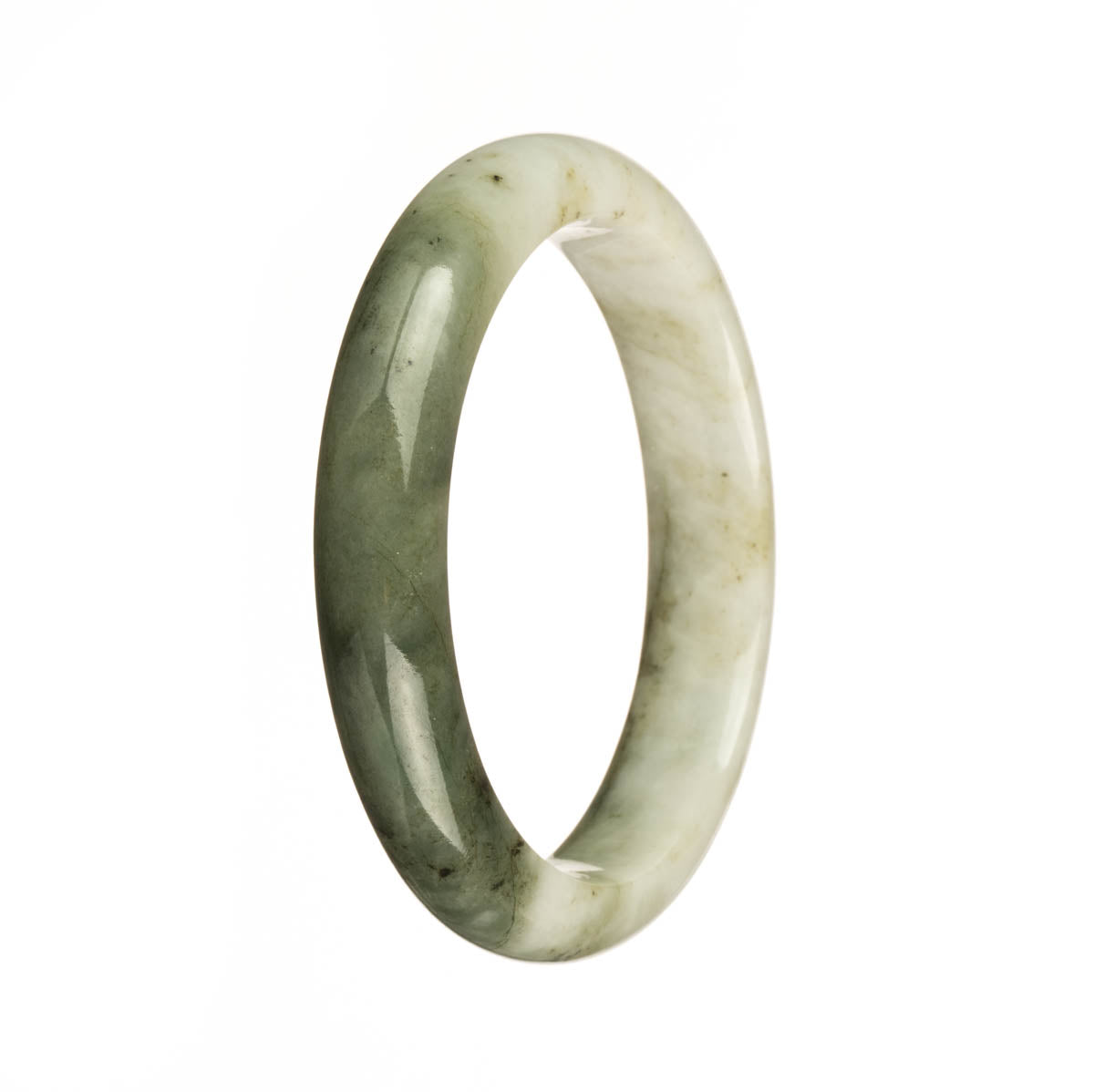 An elegant half-moon shaped white and green jade bracelet, handcrafted with utmost precision and made from top-quality Grade A jade. Perfect for adding a touch of traditional charm to any outfit.