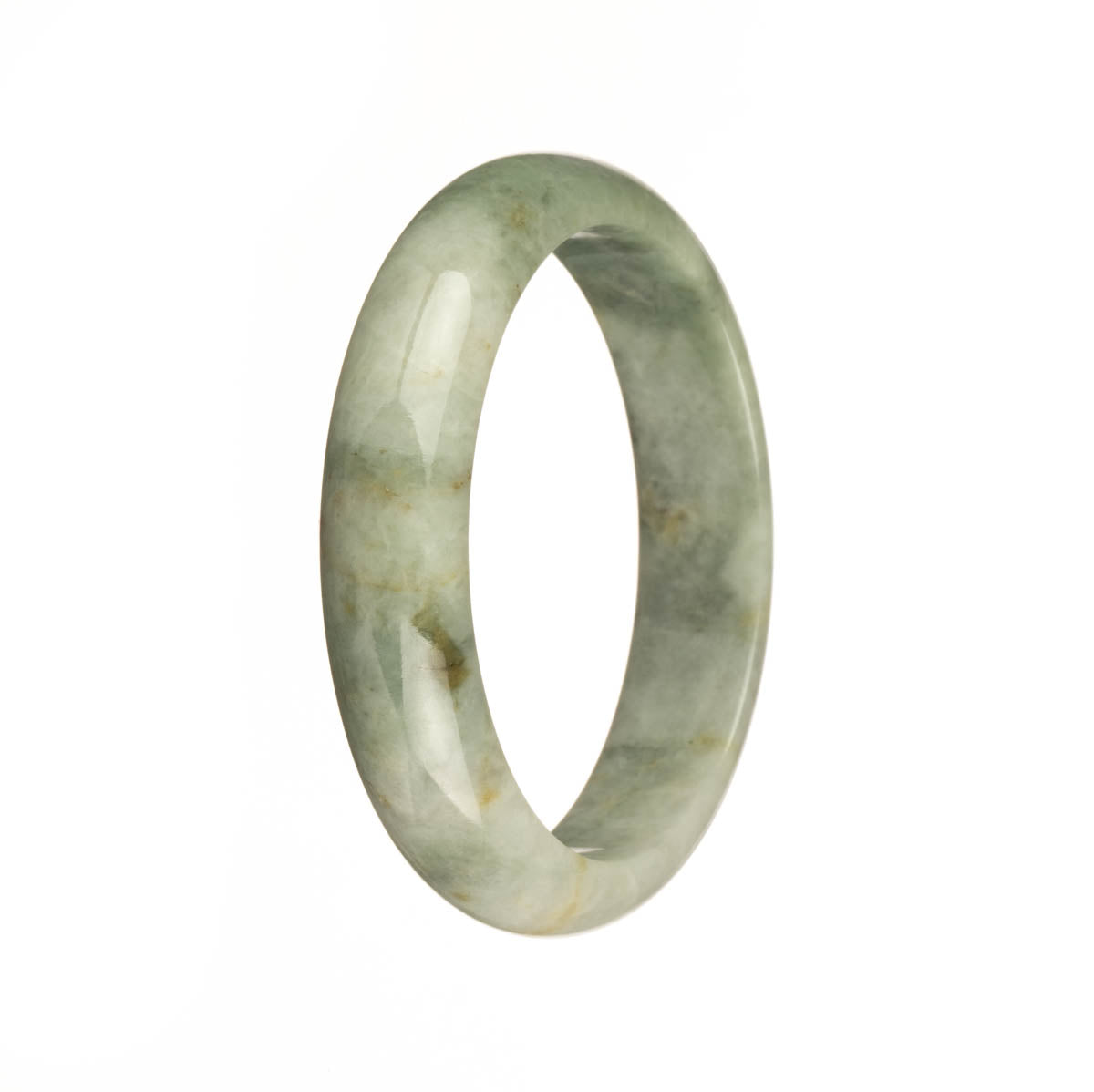 A close-up image of a jade bangle with a white base and a green pattern, showcasing its high quality and intricate design. The bangle is shaped like a half moon and has a diameter of 55mm. This exquisite piece is offered by MAYS GEMS.