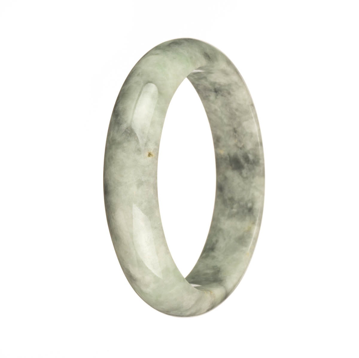 A white jade bangle with a grey pattern, featuring a half moon shape.