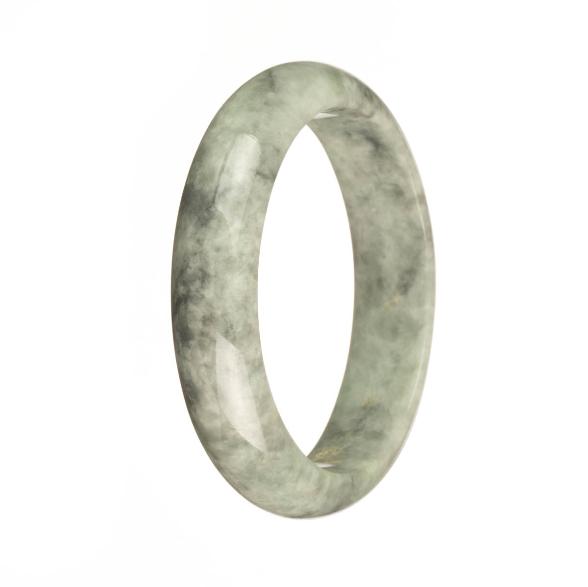 A half moon-shaped bangle bracelet made of genuine untreated Burmese jade, featuring a beautiful white color with a grey pattern.