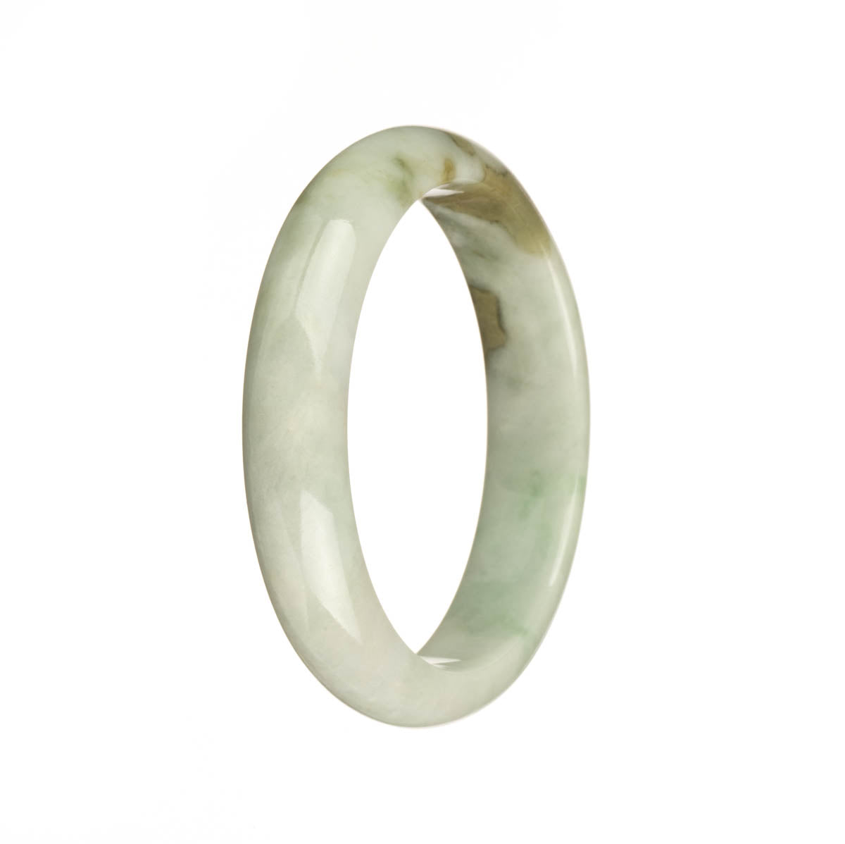 A close-up image of a unique jade bangle bracelet. The bracelet is made of genuine Grade A white jade with intricate green and brown patterns. It has a 54mm diameter and a half-moon shape. The brand name "MAYS" is engraved on the inside of the bracelet.