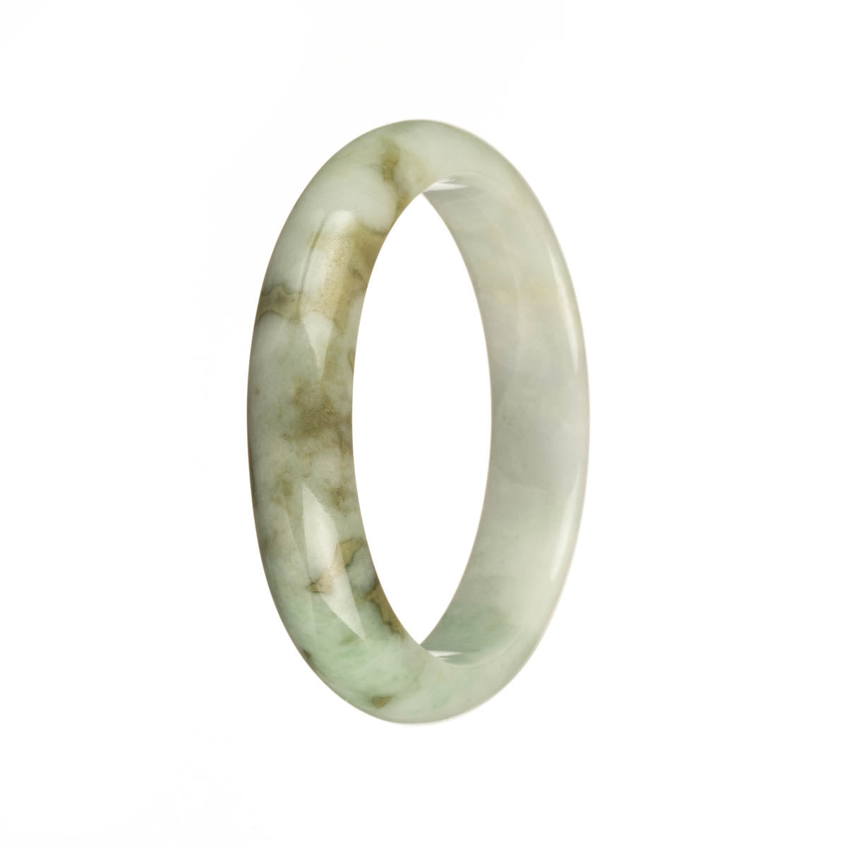 A close-up of a beautiful white jadeite bracelet with green and brown patterns. The bracelet is in the shape of a 54mm half moon.