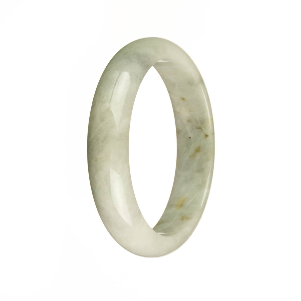 A close-up image of a half moon-shaped grey jadeite bracelet with brown spots. This bracelet is certified Grade A and measures 56mm in size. It is a beautiful piece of jewelry from MAYS™.