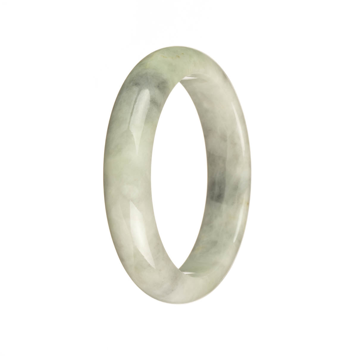 A stunning, high-quality grey Burmese jade bangle bracelet with a unique half moon pattern design.