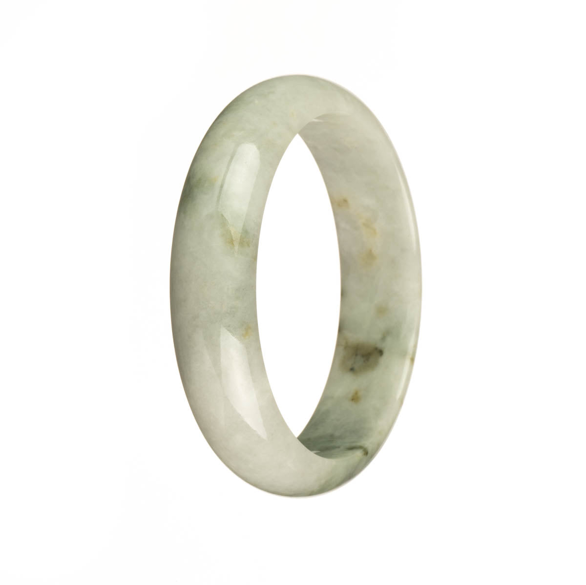A half moon-shaped Burma Jade bracelet with a genuine Grade A white and pale green color, adorned with beautiful brown spots.