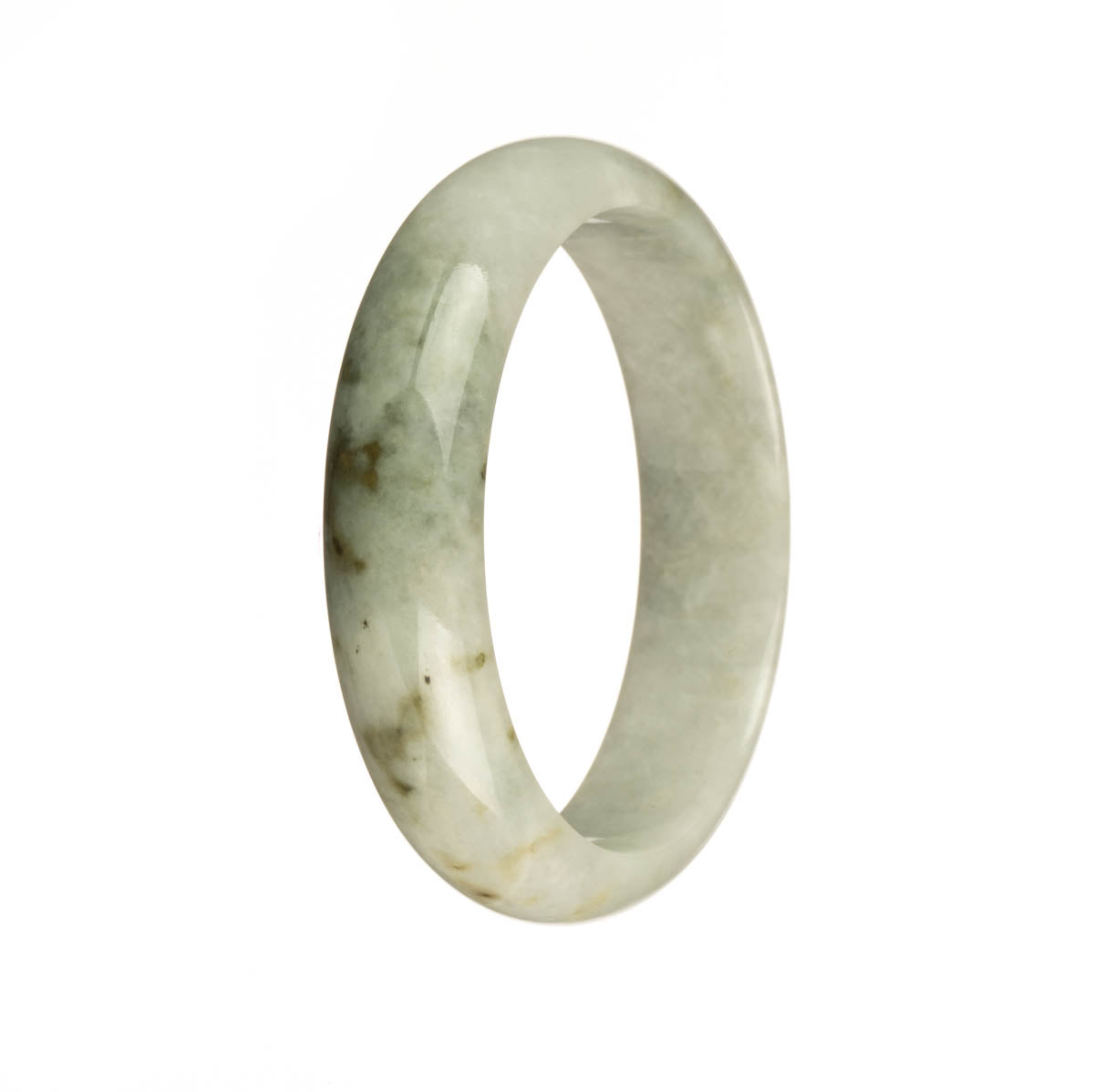 A beautiful Burmese jade bracelet, featuring authentic Grade A white and pale green stones with brown spots. The bracelet is crafted in a 56mm half moon shape and is offered by MAYS.