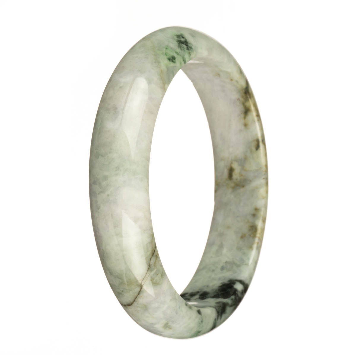 Genuine Grade A Pale Green with Dark Green Pattern and Brown Spots Burmese Jade Bangle - 67mm Half Moon