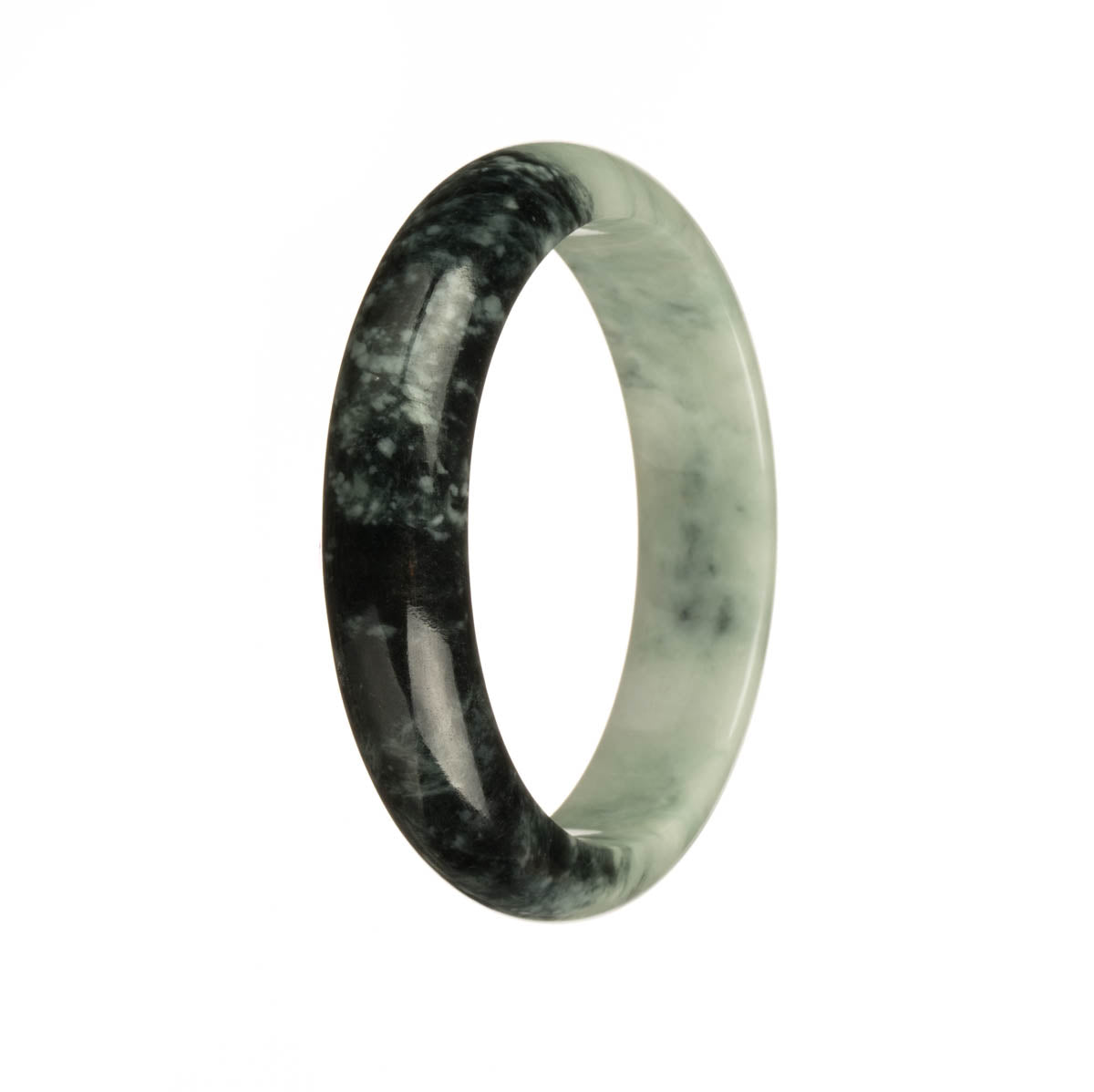 A close-up of a traditional jade bangle with a deep, dark green color and intricate patterns. The bangle is in a half-moon shape and measures 55mm in diameter.