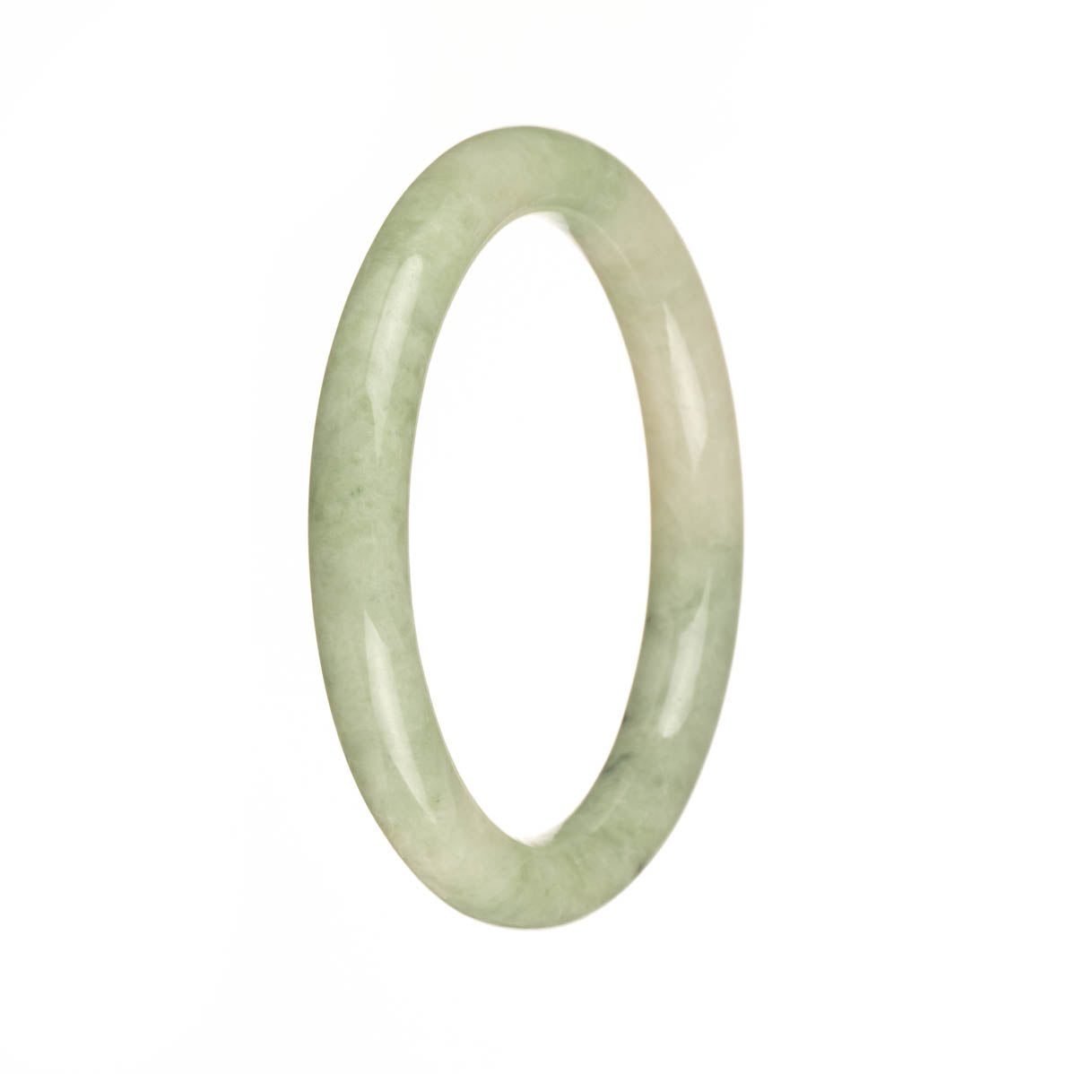 A close-up photo of a small round jade bracelet with green and white tones, featuring dark green spots throughout. This bracelet is made of genuine Type A Burma jade and measures 55mm in diameter. Perfect for those who prefer a petite and elegant style.