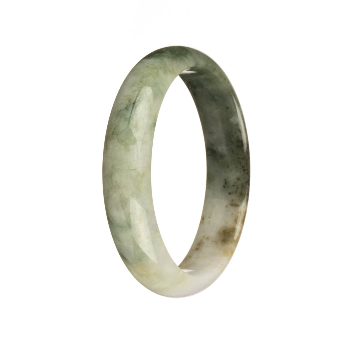 A close-up image of a Burmese Jade bangle bracelet with a half-moon shape. The bracelet features natural untreated jade in shades of white, dark green, brown, and green spots. It exudes an authentic and earthy feel.