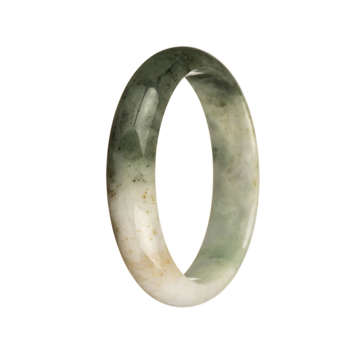 A close-up image of a jade bracelet, featuring a mix of white, dark green, brown, and green spots. The bracelet is made of genuine untreated jadeite jade and has a 56mm half-moon shape.