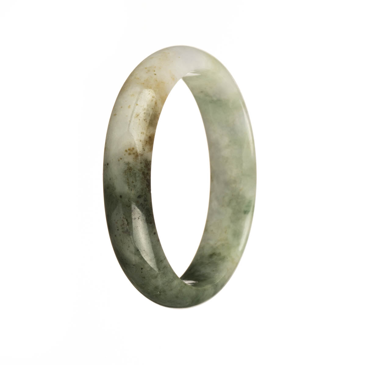 Genuine Untreated White, Dark Green, Brown and Green Spots Jadeite Jade Bracelet - 56mm Half Moon