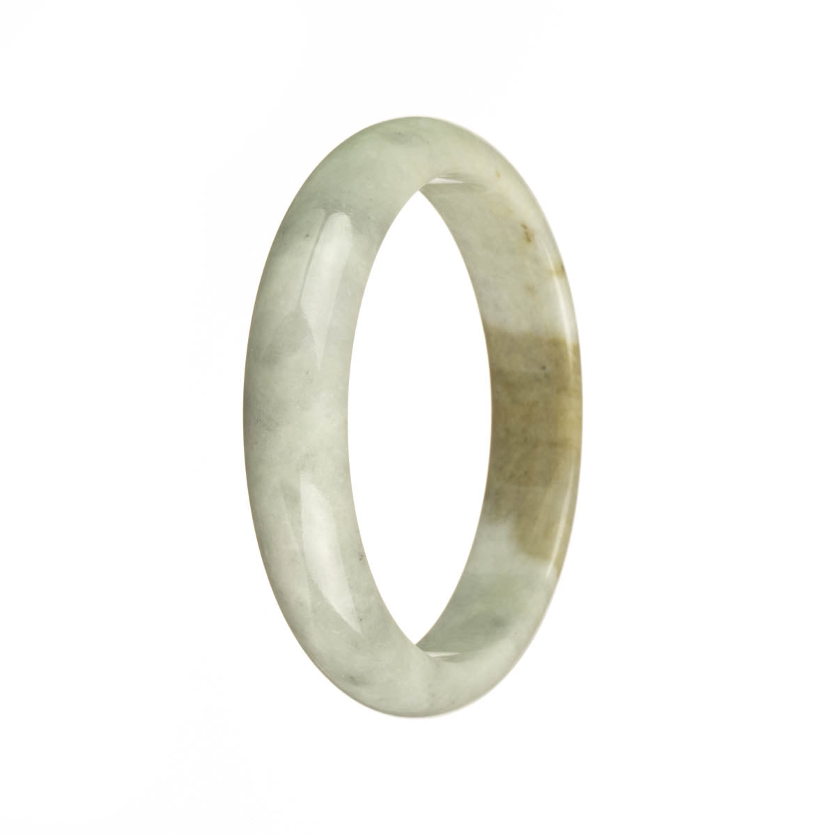A stunning traditional jade bangle in a pale green and brown color with a unique grey pattern, measuring 56mm in a half moon shape. Handcrafted and authentic, this bangle from MAYS GEMS is a true gem.