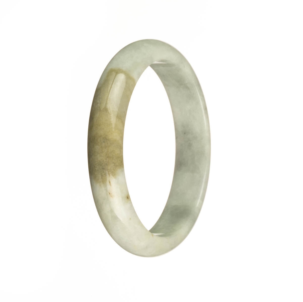A half-moon shaped jade bracelet with a genuine Type A pale green and brown stone, featuring a unique grey pattern.