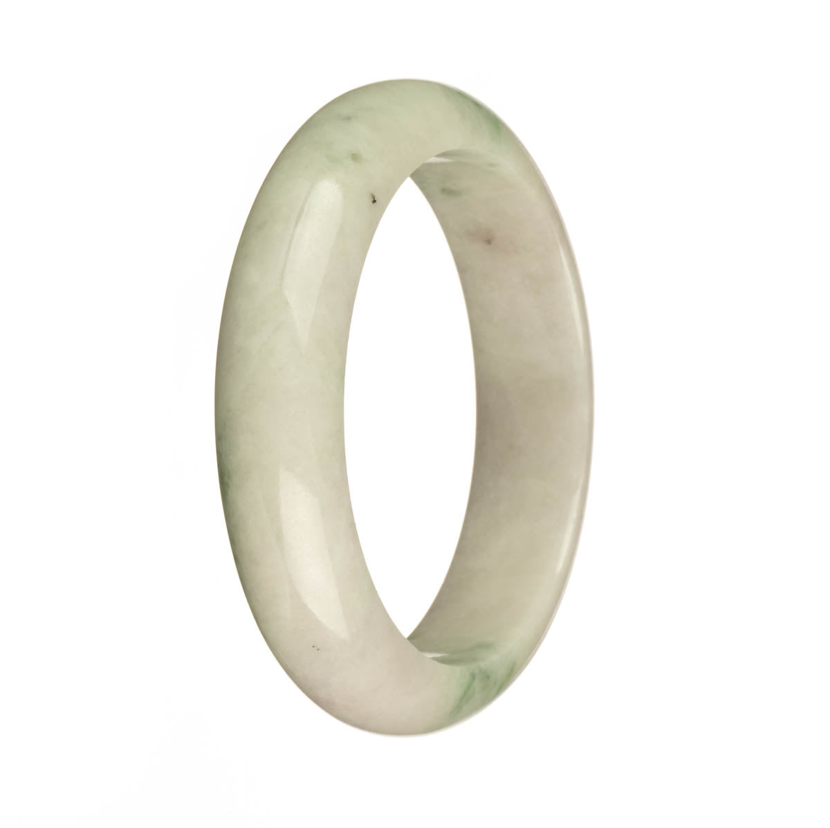 A beautiful jadeite jade bangle with a mix of white, apple green, and dark green spots, shaped in a 59mm half moon design. Perfect for adding a touch of elegance to any outfit.