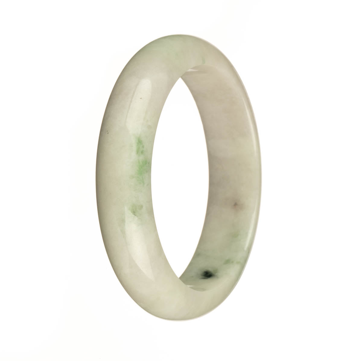 Certified Grade A White, Apple Green and Dark Green Spots Traditional Jade Bangle Bracelet - 59mm Half Moon