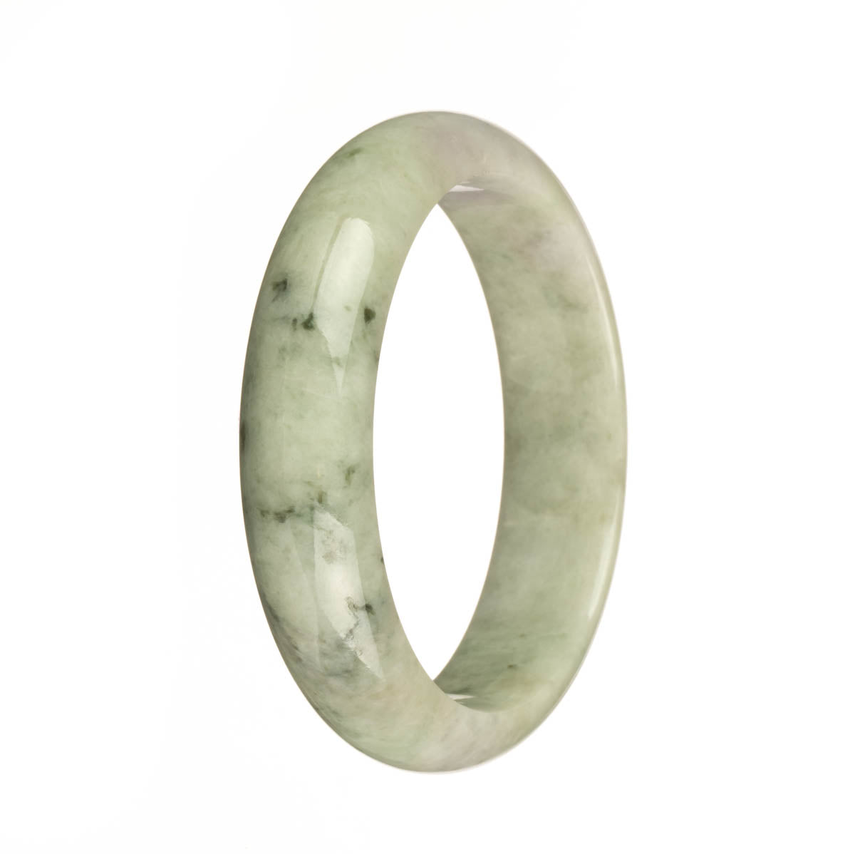 A pale green and white jade bangle with dark green patterns, in a half moon shape, measuring 59mm.