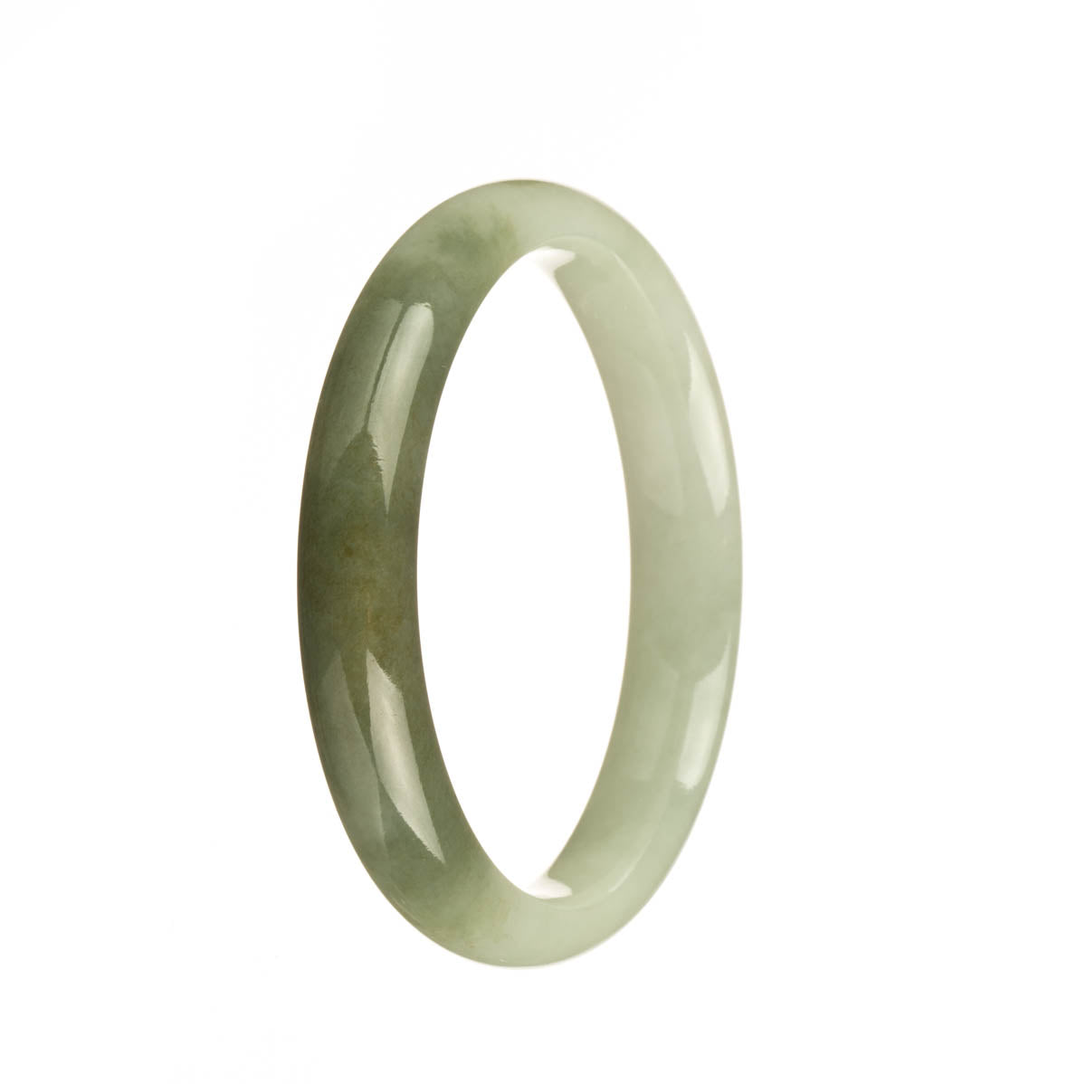 A half moon-shaped bangle made of genuine Type A pale green and olive green jadeite.
