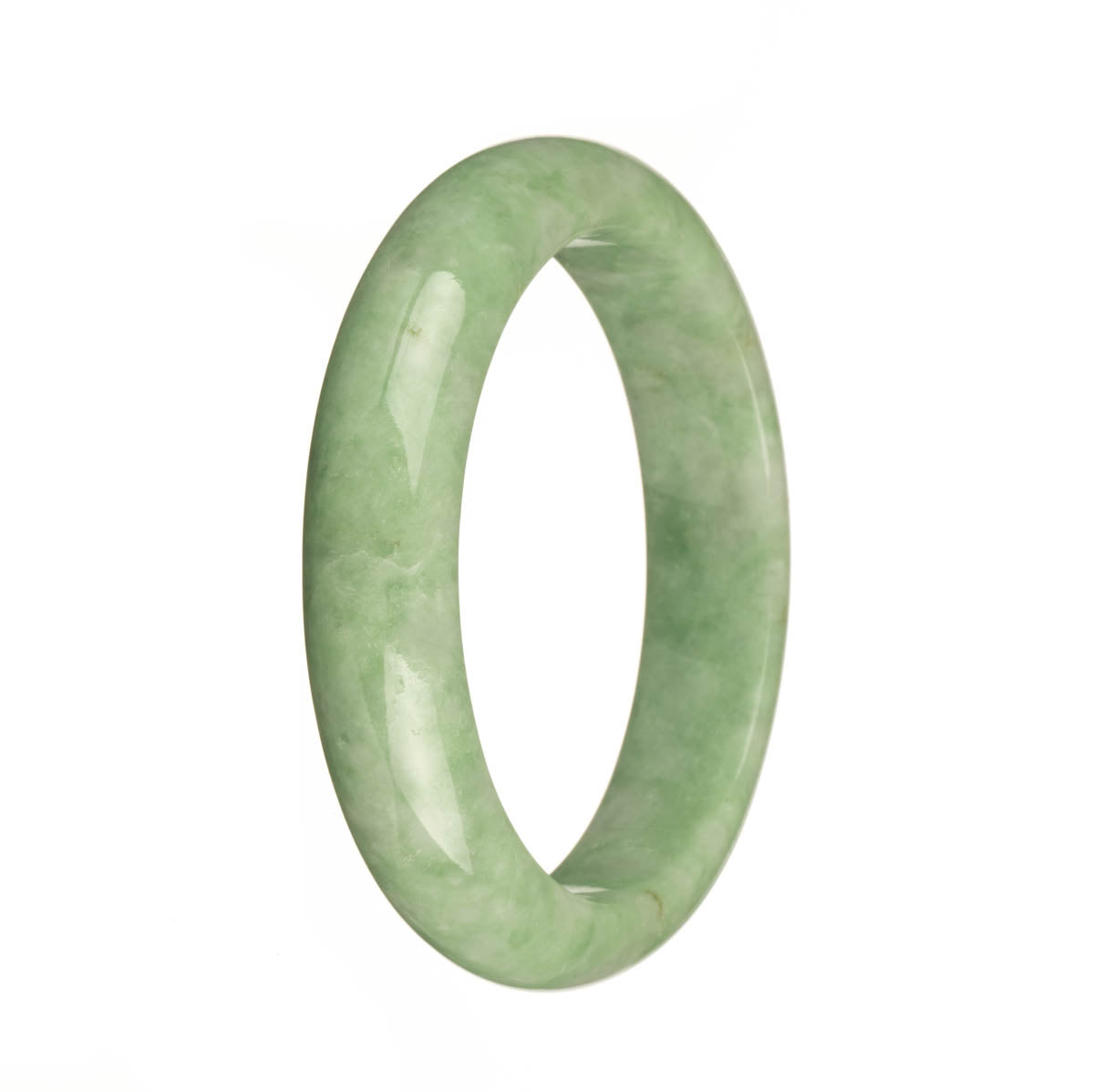 A close-up photo of a half-moon-shaped apple green jade bracelet with a smooth, polished surface. The jade stone has a vibrant green color, and the bracelet is expertly crafted, highlighting the natural beauty of the stone.