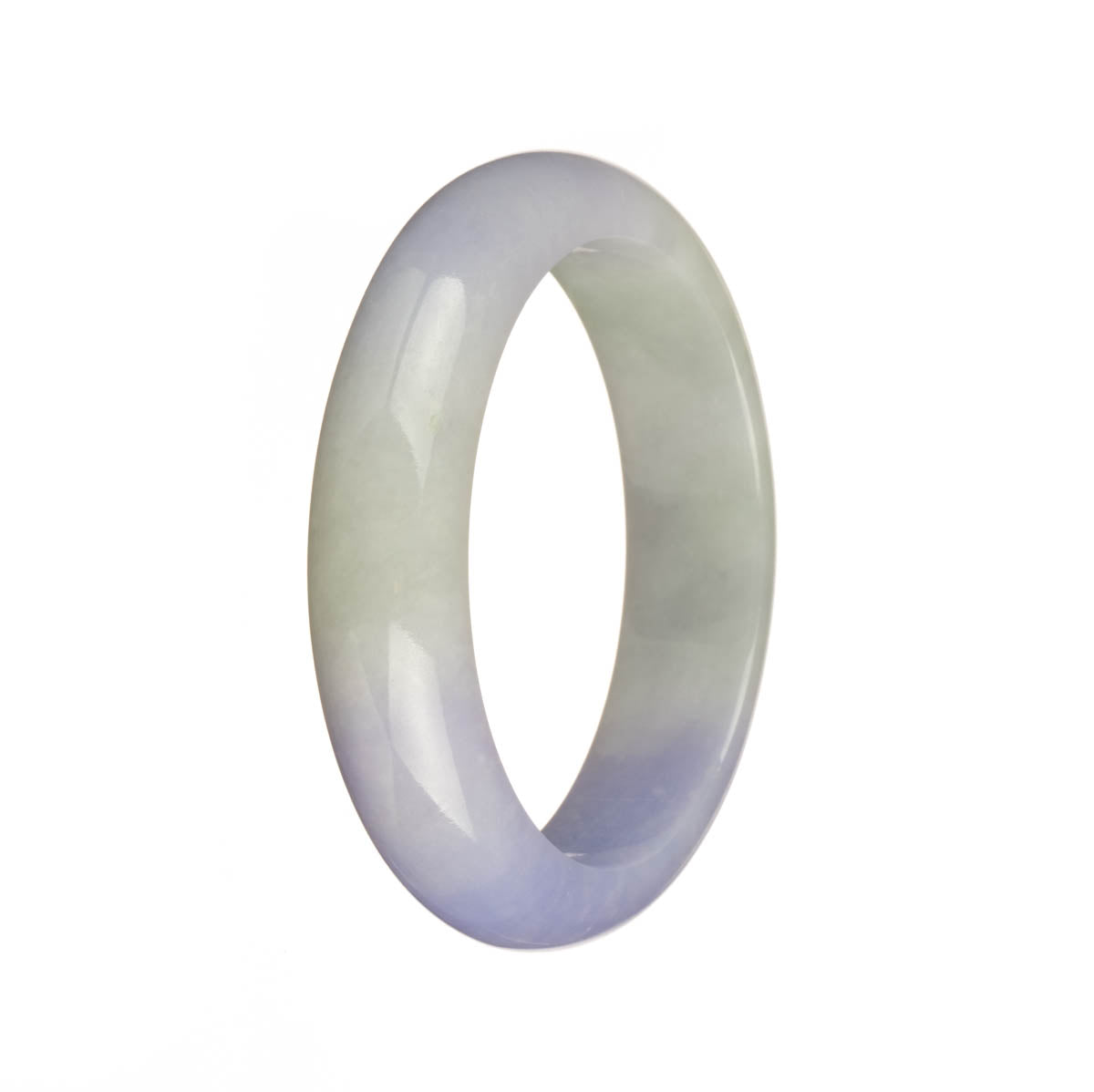 A close-up photo of a half moon-shaped jade bangle in shades of green and lavender. The bangle is made from genuine untreated Burmese jade and measures 55mm in diameter.