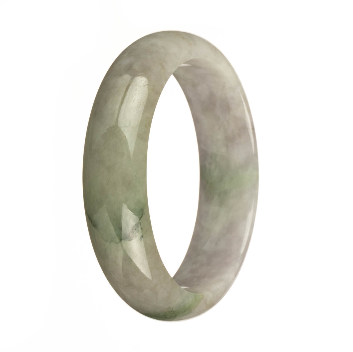 A lavender jade bangle with a green pattern, certified as untreated, in a traditional half moon shape, measuring 62mm. The brand is MAYS™.