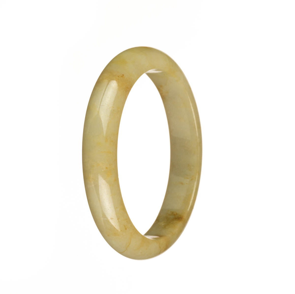 Image of a half-moon shaped yellow jade bangle with a smooth and glossy surface. The bangle is made of authentic grade A traditional jade, showcasing its stunning natural color and unique texture. A timeless piece of jewelry handcrafted by MAYS GEMS.