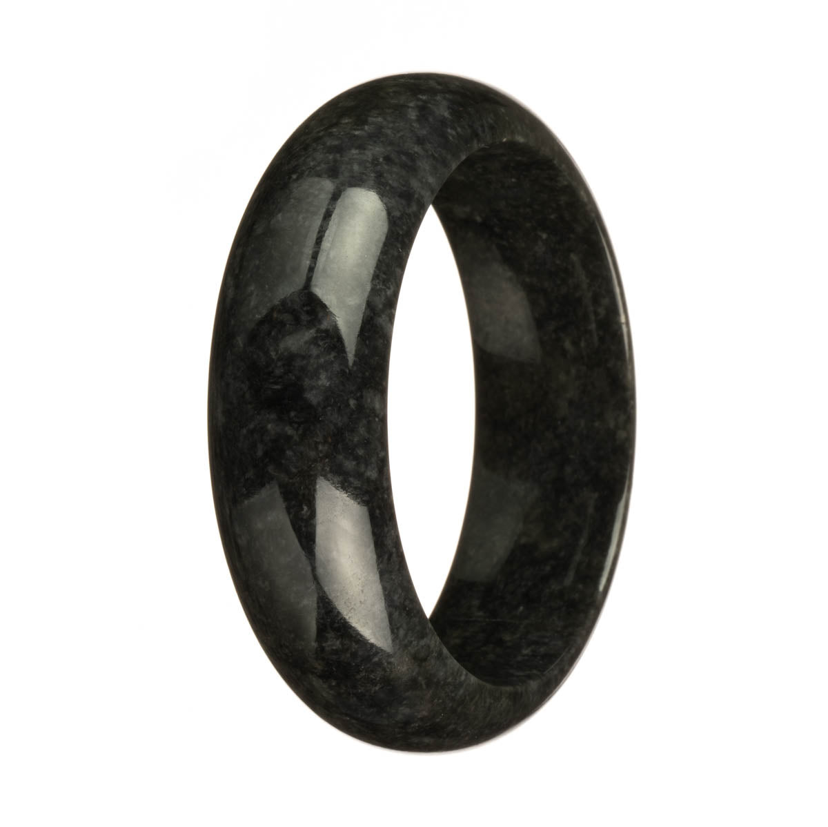 A beautiful half moon-shaped black Burma jade bangle bracelet, measuring 61mm in size. Expertly crafted with genuine, natural jade. Perfect for adding a touch of elegance to any outfit.