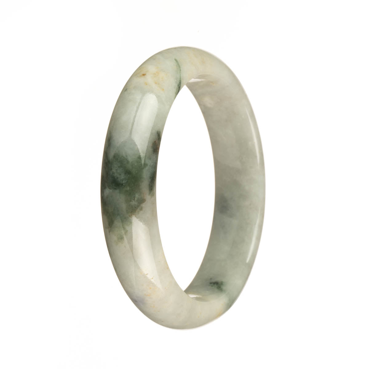 Close-up of a traditional jade bracelet with a half moon shape. It features a white base color with dark green patterns and red spots, symbolizing authenticity.