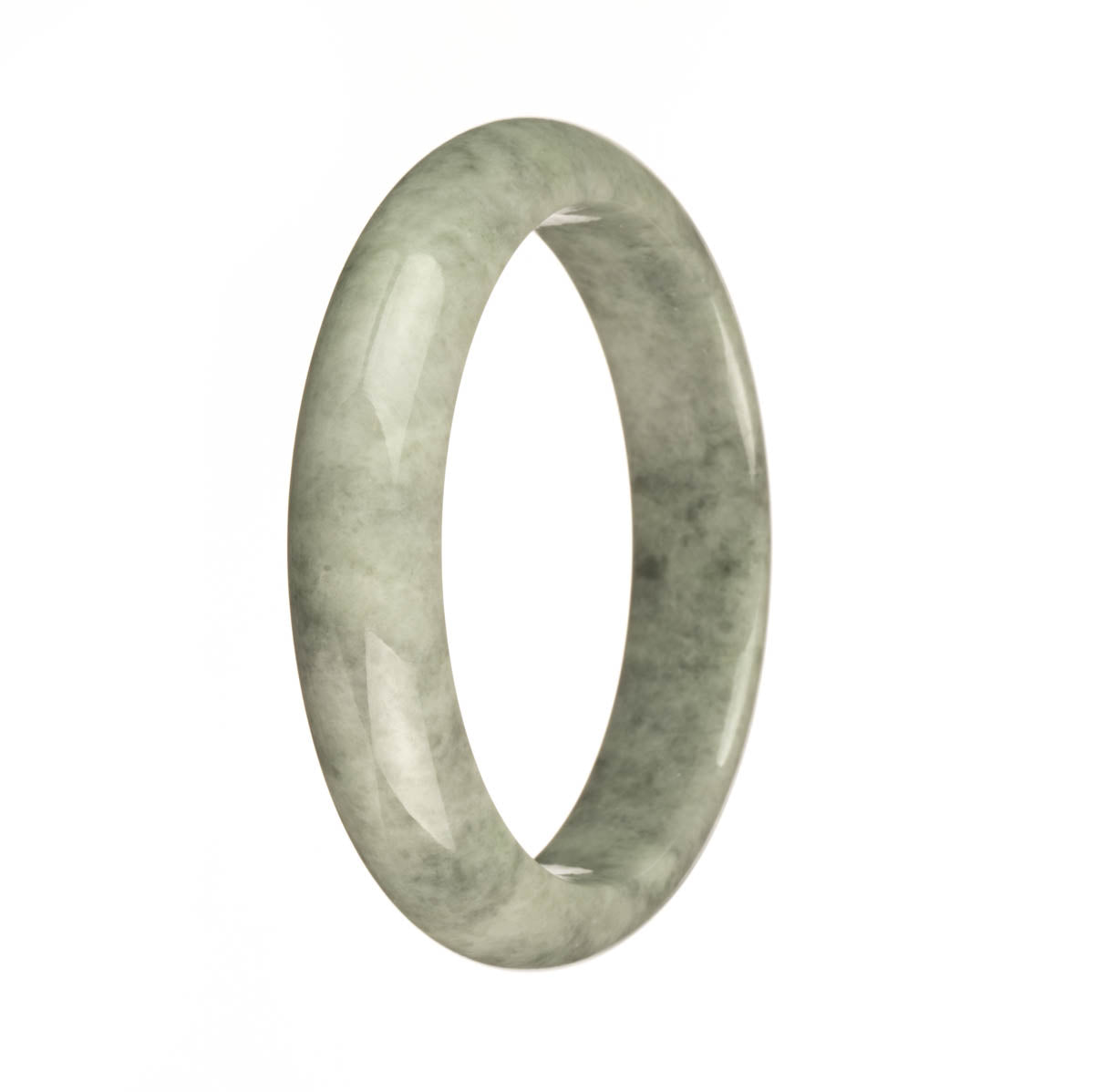A close-up photo of a genuine natural grey pattern jadeite bracelet. The bracelet features a half-moon shape and measures 59mm in size. Created by MAYS™.