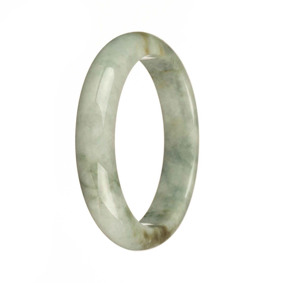 An untreated pale green jade bangle bracelet with dark green and brown patches, featuring a traditional half moon shape.