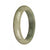 A half-moon shaped green and grey jade bangle bracelet with a Grade A certification.
