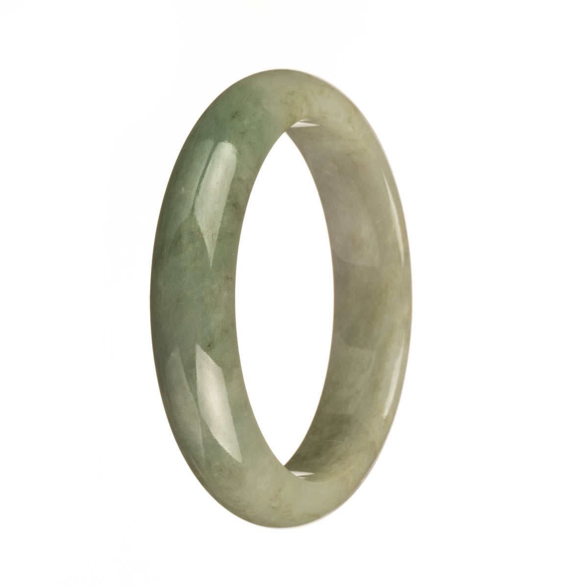 A beautiful half-moon shaped jade bangle in green and grey colors, made of genuine untreated jadeite jade. Perfect for adding a touch of elegance to any outfit.