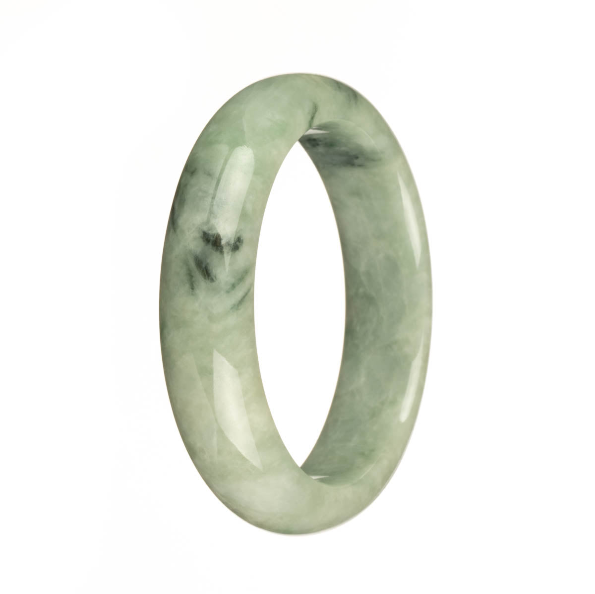 A half moon-shaped Burma Jade bracelet with genuine Grade A Green color, featuring dark green patterns and apple green spots.