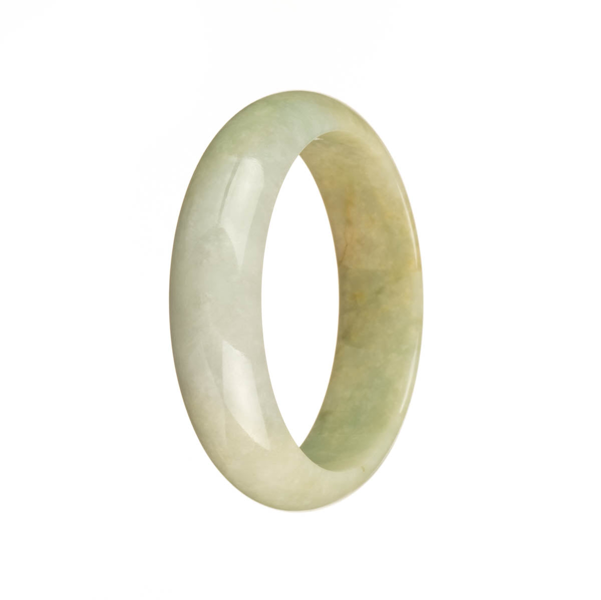 A beautiful bangle bracelet made of genuine untreated brown, pale green, and white jadeite jade, in a 53mm half moon shape. Crafted by MAYS GEMS.