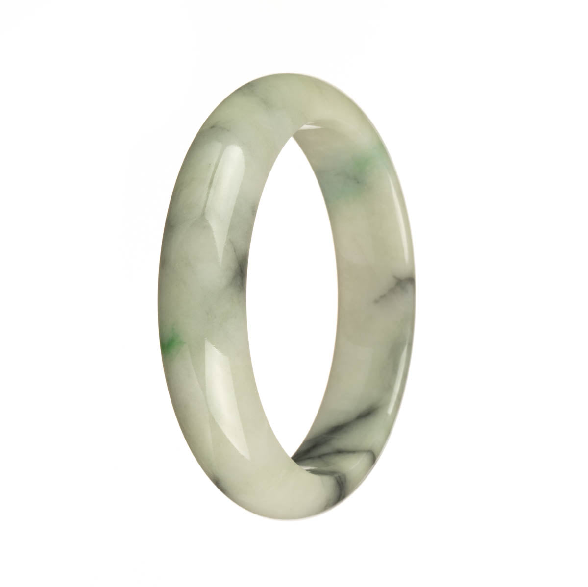 Authentic Untreated White with Black and Apple Green Patterns Jadeite Jade Bracelet - 57mm Half Moon