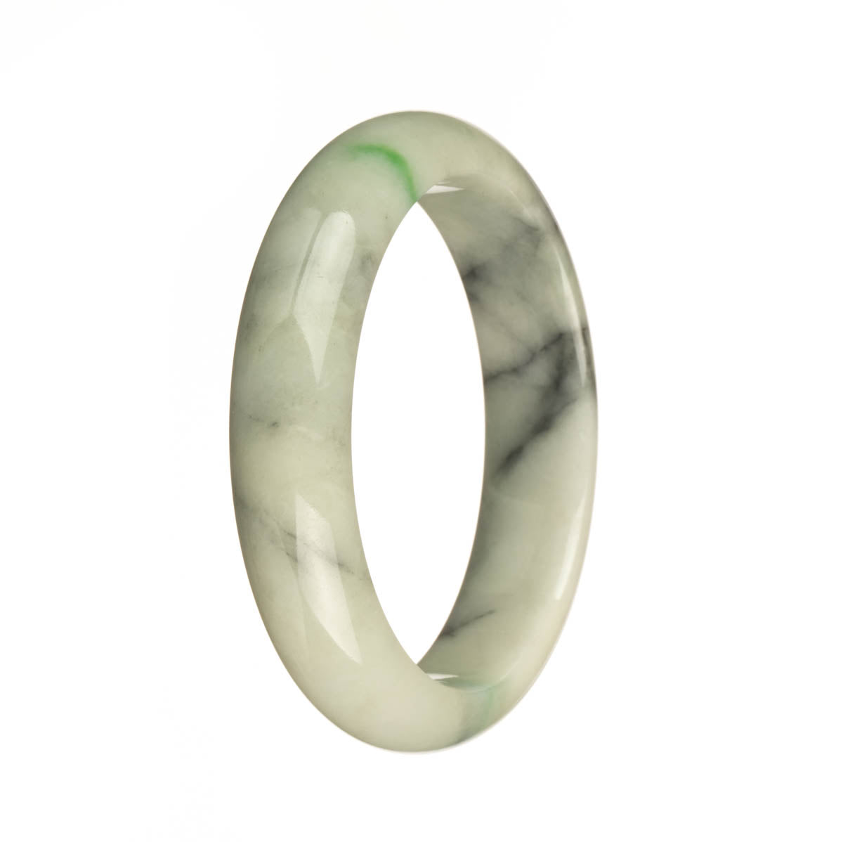 A close-up photo of a jadeite jade bracelet with a half moon shape, 57mm in size. The bracelet features authentic untreated white jade with intricate black and apple green patterns. From MAYS GEMS.