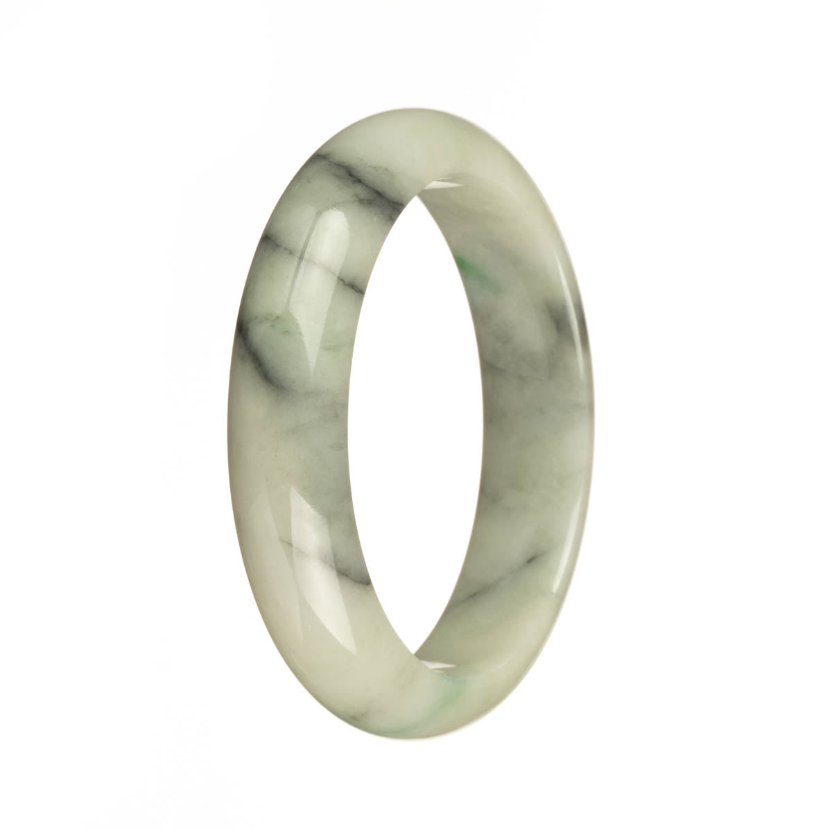 A half-moon shaped Burmese jade bangle bracelet with authentic Grade A white jade featuring intricate black and apple green patterns.