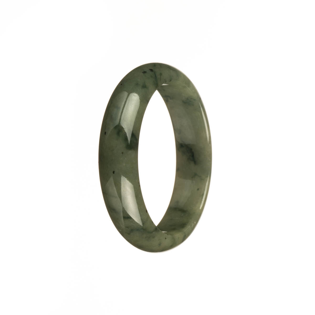 A beautiful half moon shaped jadeite jade bangle with genuine Type A green color and dark green patterns. Perfect for adding a touch of elegance to any outfit.