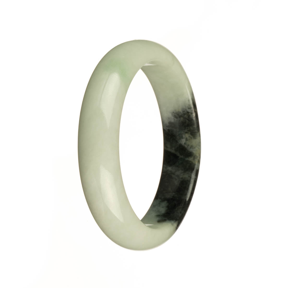A beautiful jade bangle bracelet with a light green color and dark green patterns, featuring a striking apple green patch. The bracelet is made from genuine Grade A Burma jade and has a unique half moon shape. A stunning piece from MAYS GEMS.
