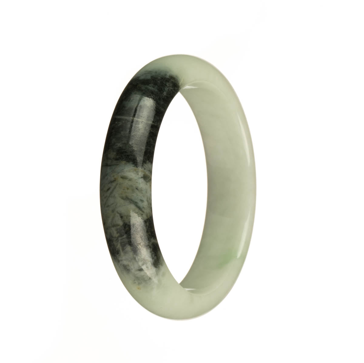 A stunning bracelet made of genuine Burma Jade, featuring a pale green color with beautiful dark green patterns and an eye-catching apple green patch. The bracelet is in a 55mm half moon shape.