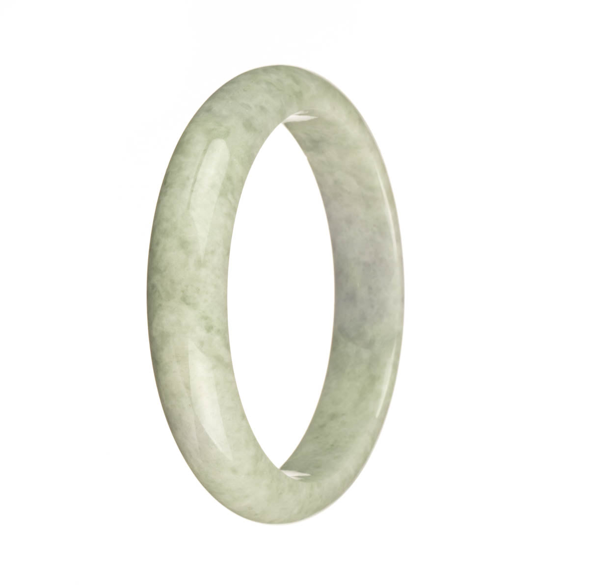 A close-up of a genuine Type A Green with Lavender Patch Traditional Jade Bracelet. The bracelet features a 59mm Half Moon shape and is sold by MAYS.
