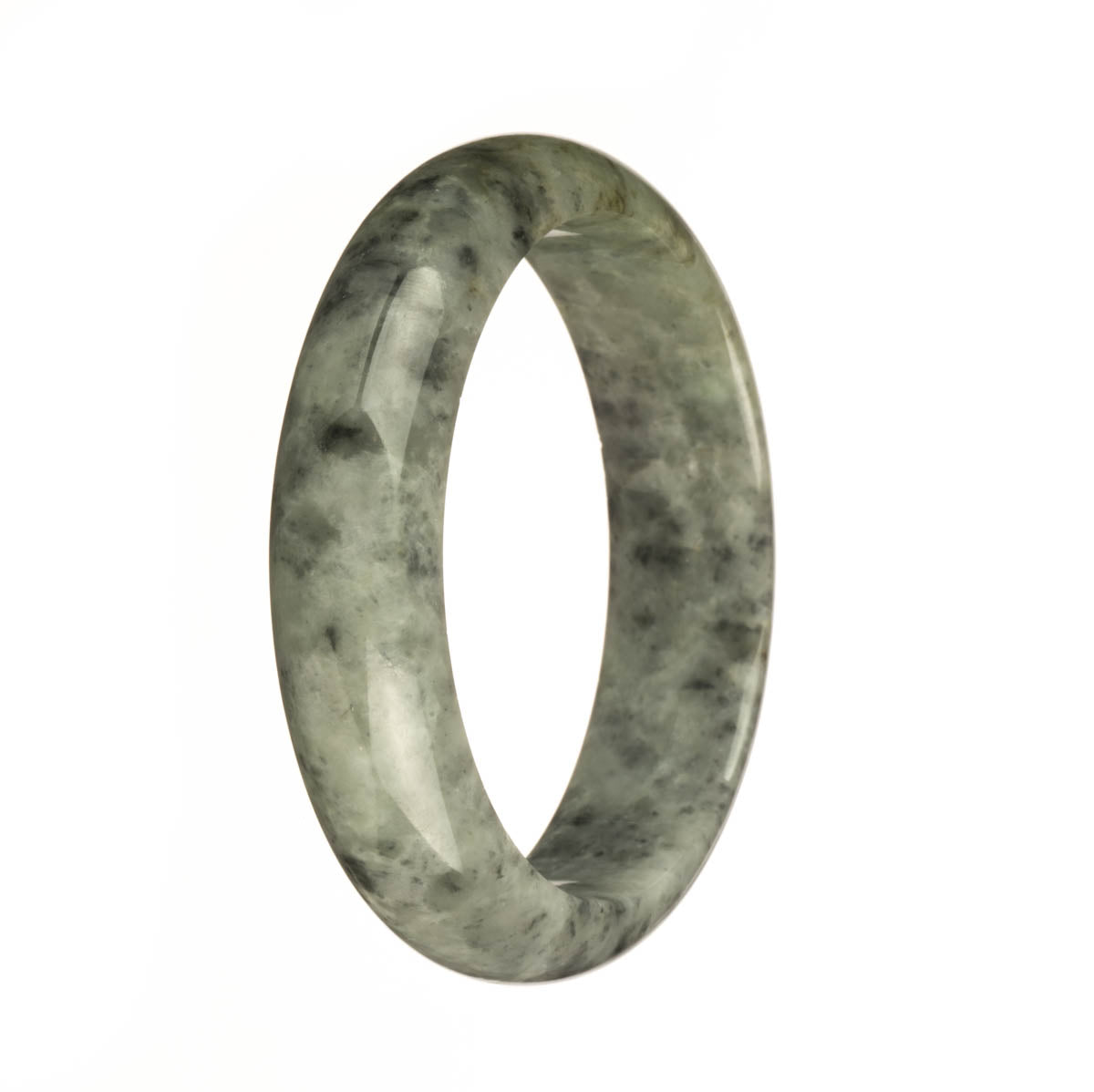 A half-moon shaped, Grade A grey pattern Burmese jade bangle, certified and of high quality, from MAYS.