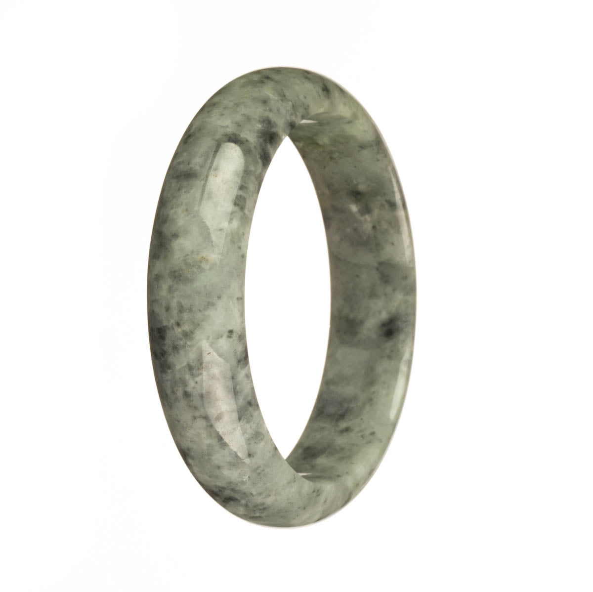 A close-up of a beautiful grey jade bangle bracelet with a unique pattern resembling half moon shapes. The bracelet is made with genuine natural jade and has a diameter of 59mm. Sold by MAYS GEMS.