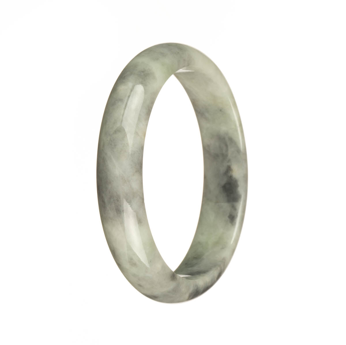 A pale green and grey patterned Burma jade bracelet with a half moon shape, crafted from genuine Grade A jade.