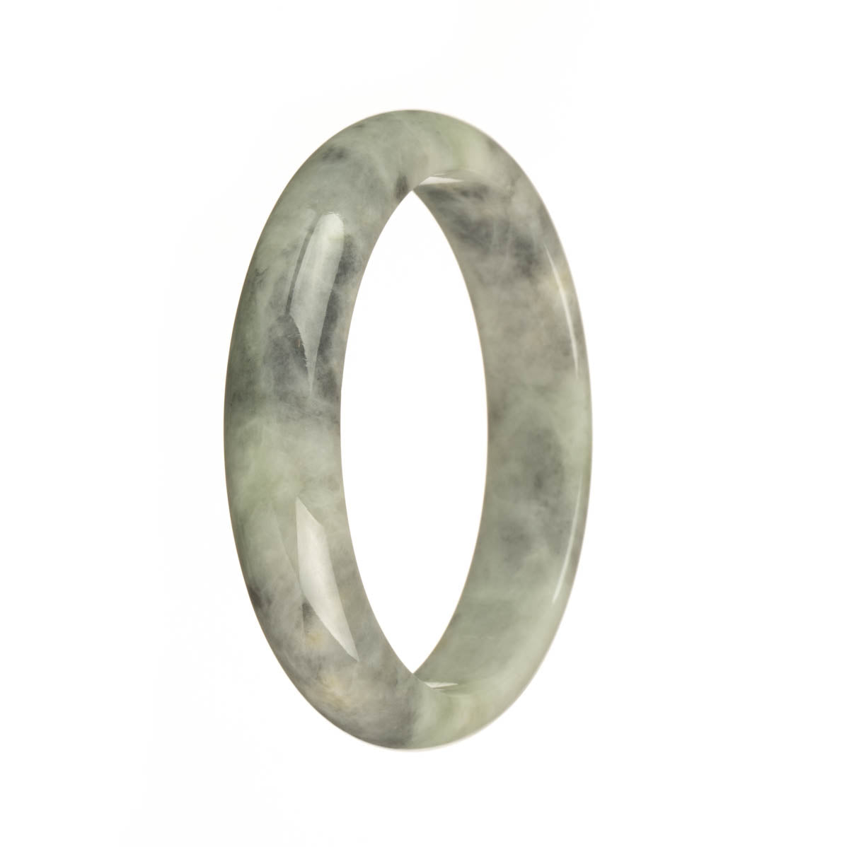 A pale green jadeite jade bracelet with a grey pattern, featuring a 58mm half moon design.