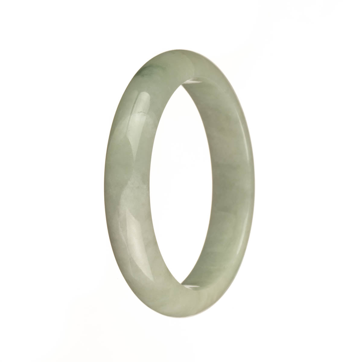 A beautiful genuine Type A White with Green Patch Burma Jade Bracelet, featuring a 55mm Half Moon design. Perfect for adding a touch of elegance to any outfit.