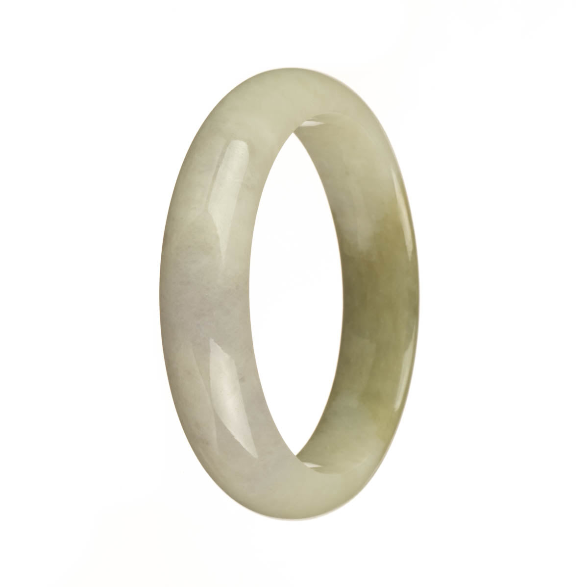 A close-up photo of a Real Grade A White and Olive Green Jadeite Bangle. The bangle is 57mm in size and has a half moon shape. It is a luxurious piece of jewelry designed by MAYS™.