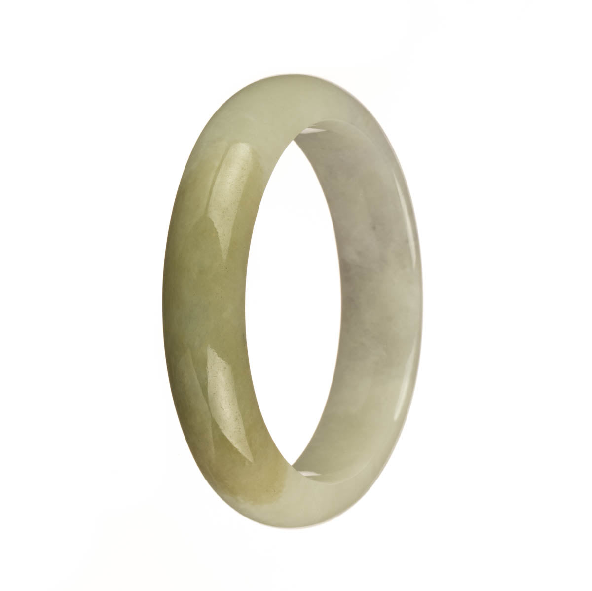 A close-up photo of a genuine grade A white and olive green jadeite jade bangle. The bangle is shaped like a half moon and measures 57mm in diameter. It is a beautiful piece of jewelry from the MAYS brand.